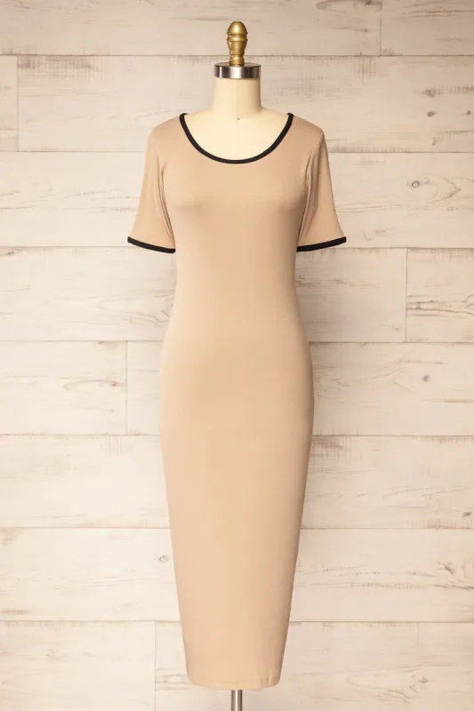 Phloriane Beige | Ribbed Midi Dress w/ Black Trim sold by Boutique 1861