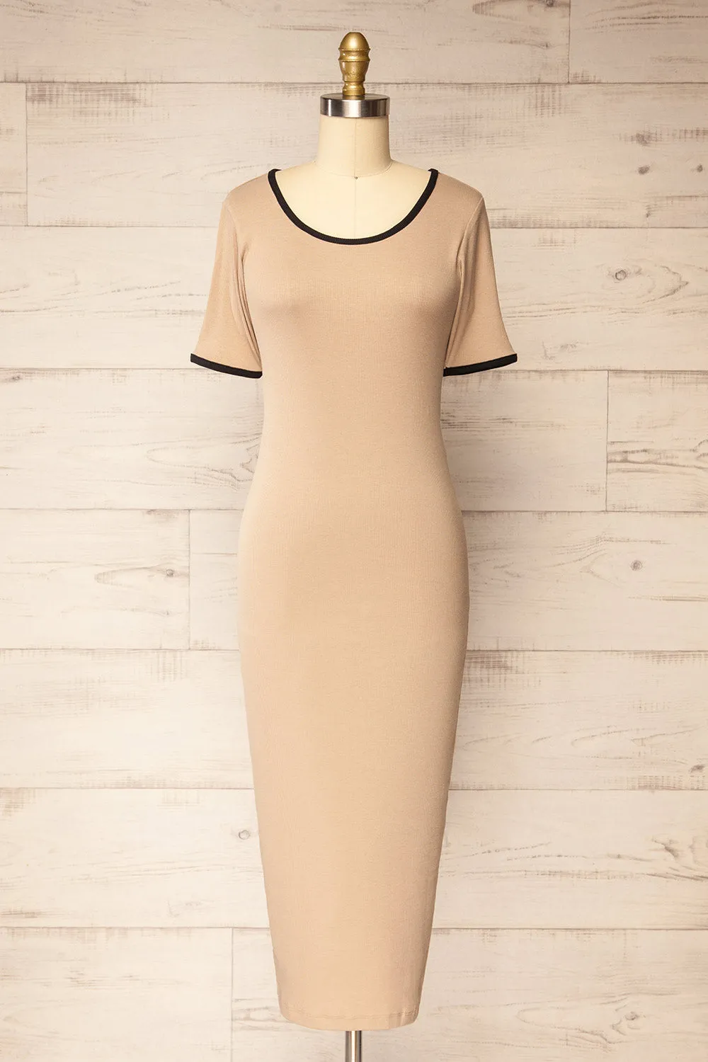 Phloriane Beige | Ribbed Midi Dress w/ Black Trim sold by Boutique 1861