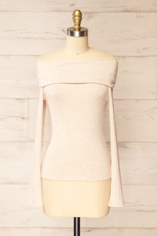 Fairford Beige | Off-Shoulder Long Sleeve Knit Top sold by Boutique 1861