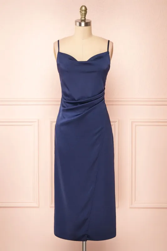 Chloe Navy | Cowl Neck Satin Slip Dress sold by Boutique 1861