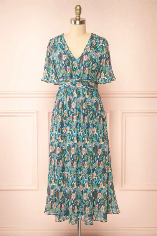 Veridian | Pleated Floral Midi Dress sold by Boutique 1861