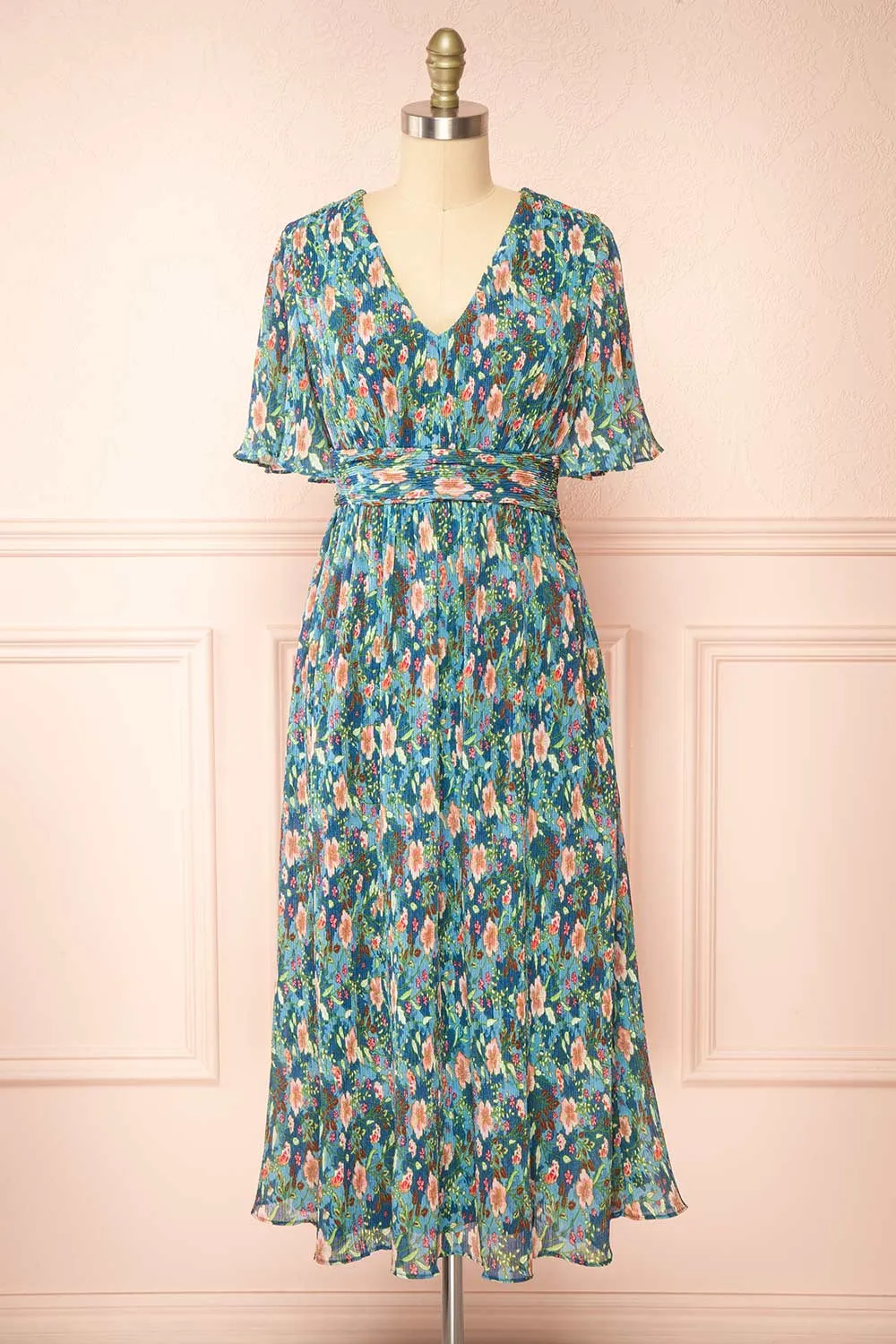 Veridian | Pleated Floral Midi Dress sold by Boutique 1861