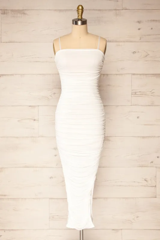 Yurtof White | Fitted Ruched Midi Dress sold by Boutique 1861