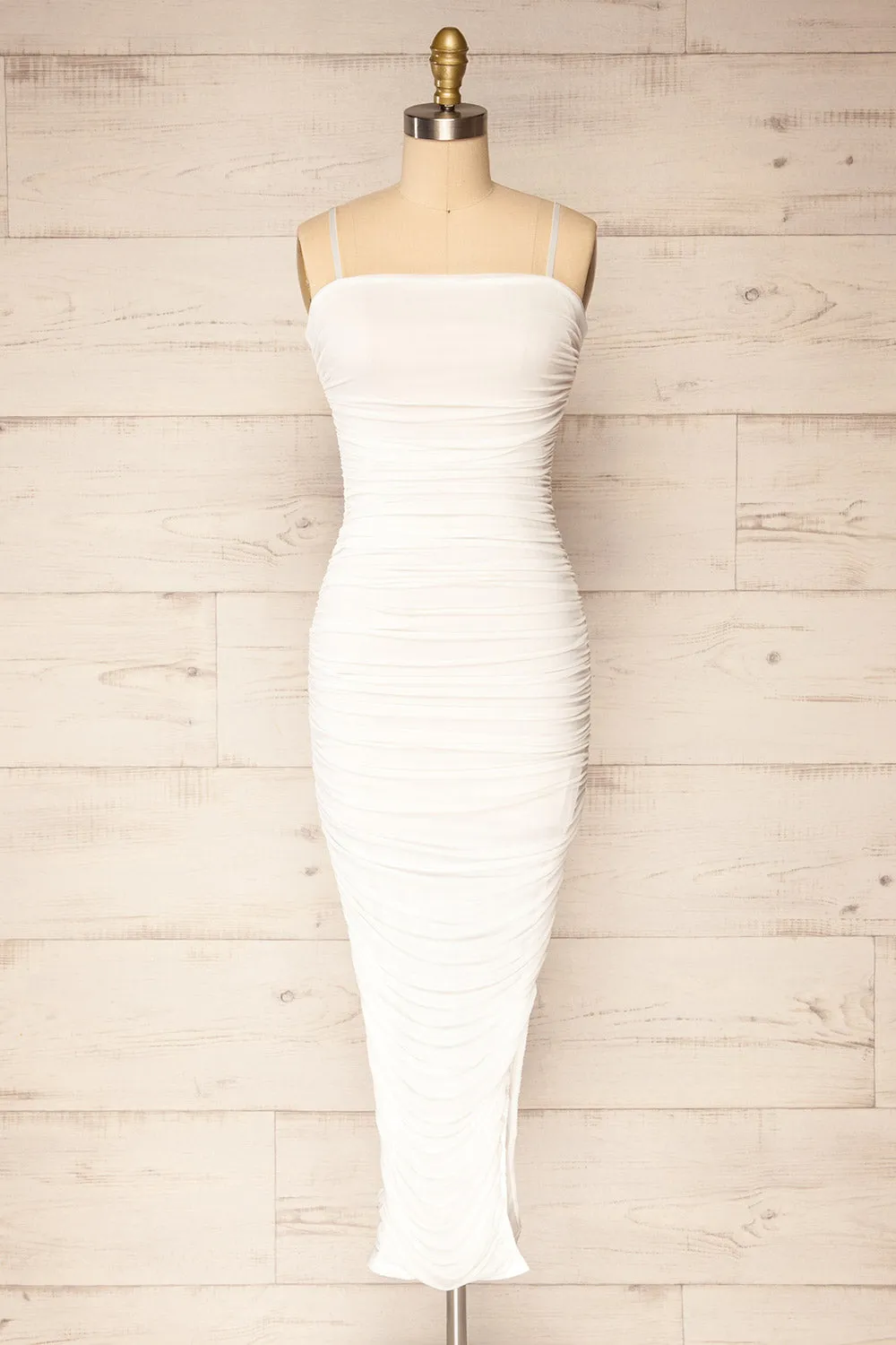 Yurtof White | Fitted Ruched Midi Dress sold by Boutique 1861