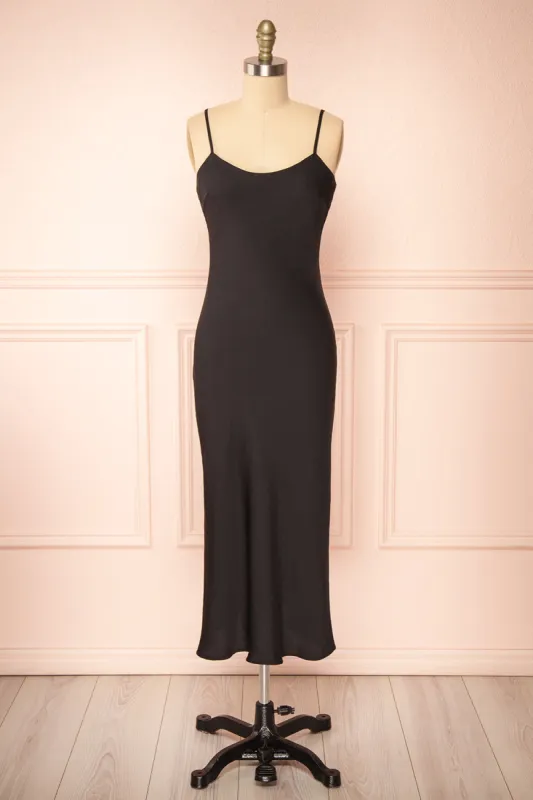 Rebby Black | Silky Fitted Midi Dress sold by Boutique 1861