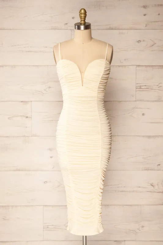 Caen Ivory | Ruched Fitted Midi Dress sold by Boutique 1861