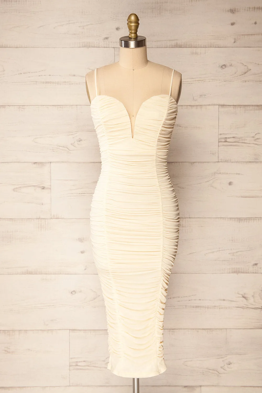 Caen Ivory | Ruched Fitted Midi Dress sold by Boutique 1861