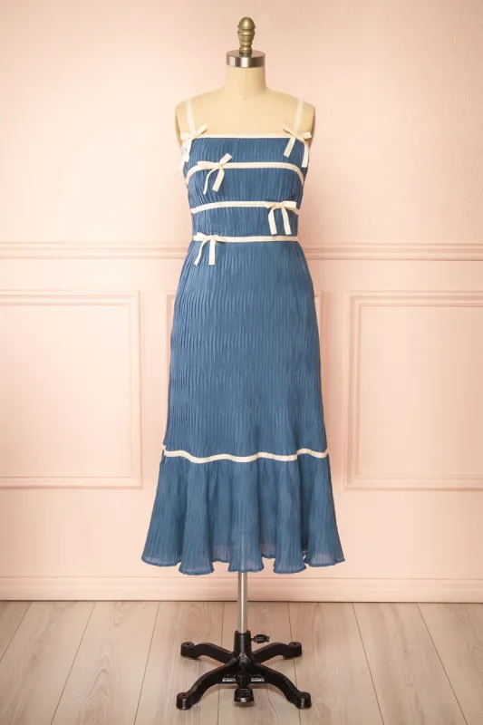 Dixie Blue | Pleated Midi Dress w/ Ivory Bows sold by Boutique 1861