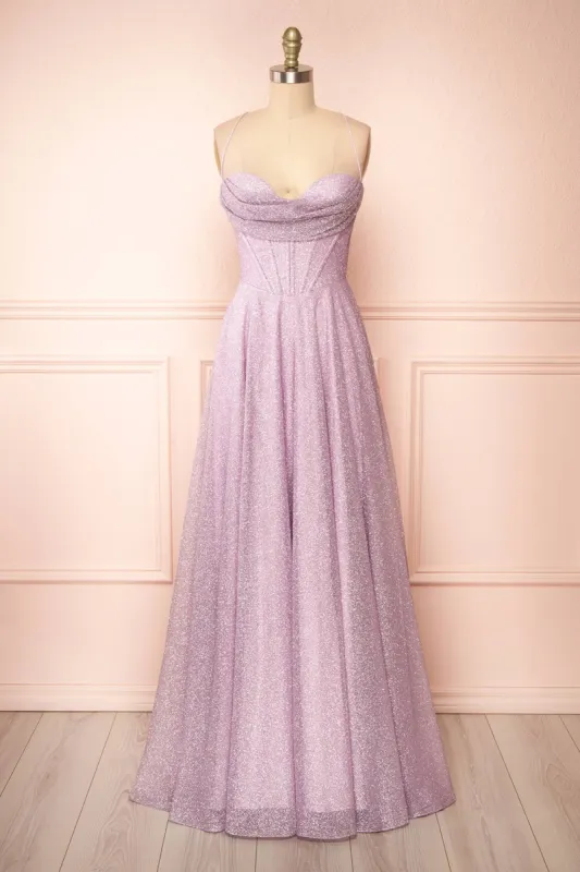 Lexy Lilac | Sparkly Cowl Neck Maxi Dress sold by Boutique 1861