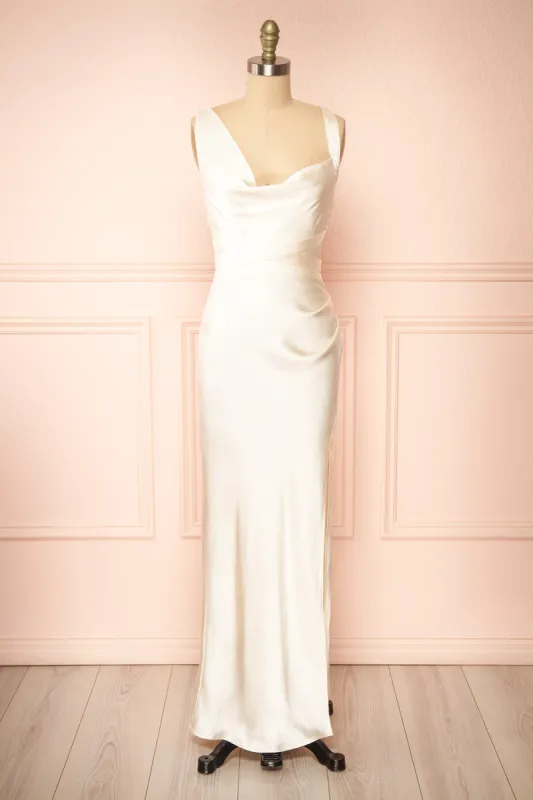 Aminata | Ivory Satin Maxi Dress w/ Slit sold by Boutique 1861