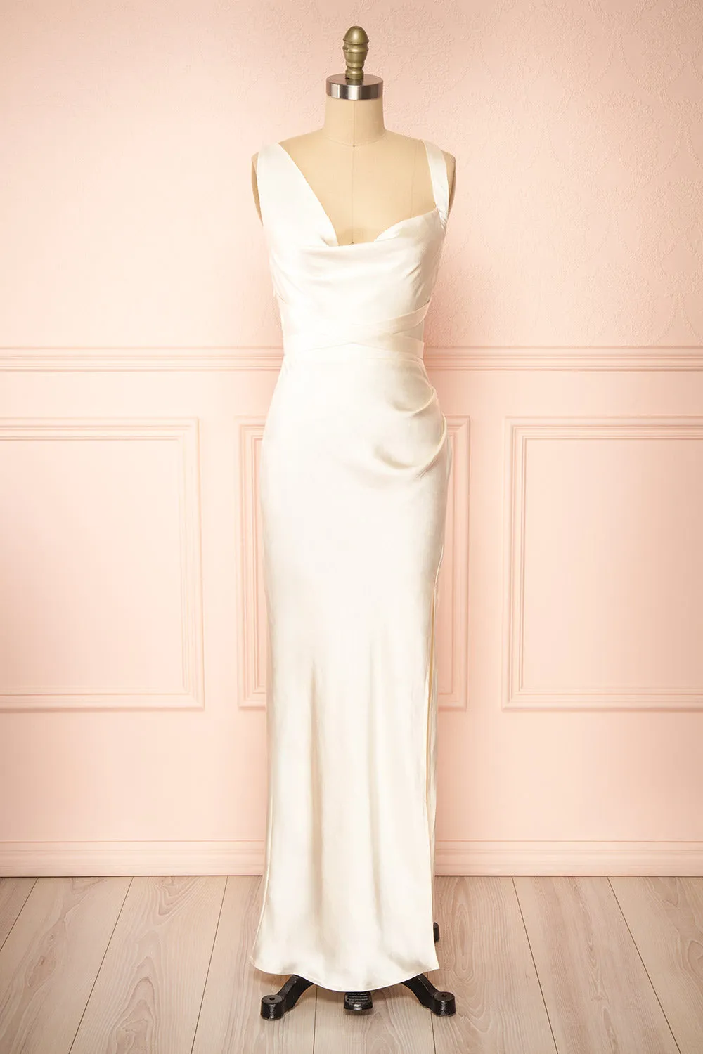 Aminata | Ivory Satin Maxi Dress w/ Slit sold by Boutique 1861