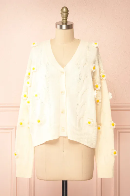 Sweetie | Cream Cardigan w/ 3D Daisies sold by Boutique 1861