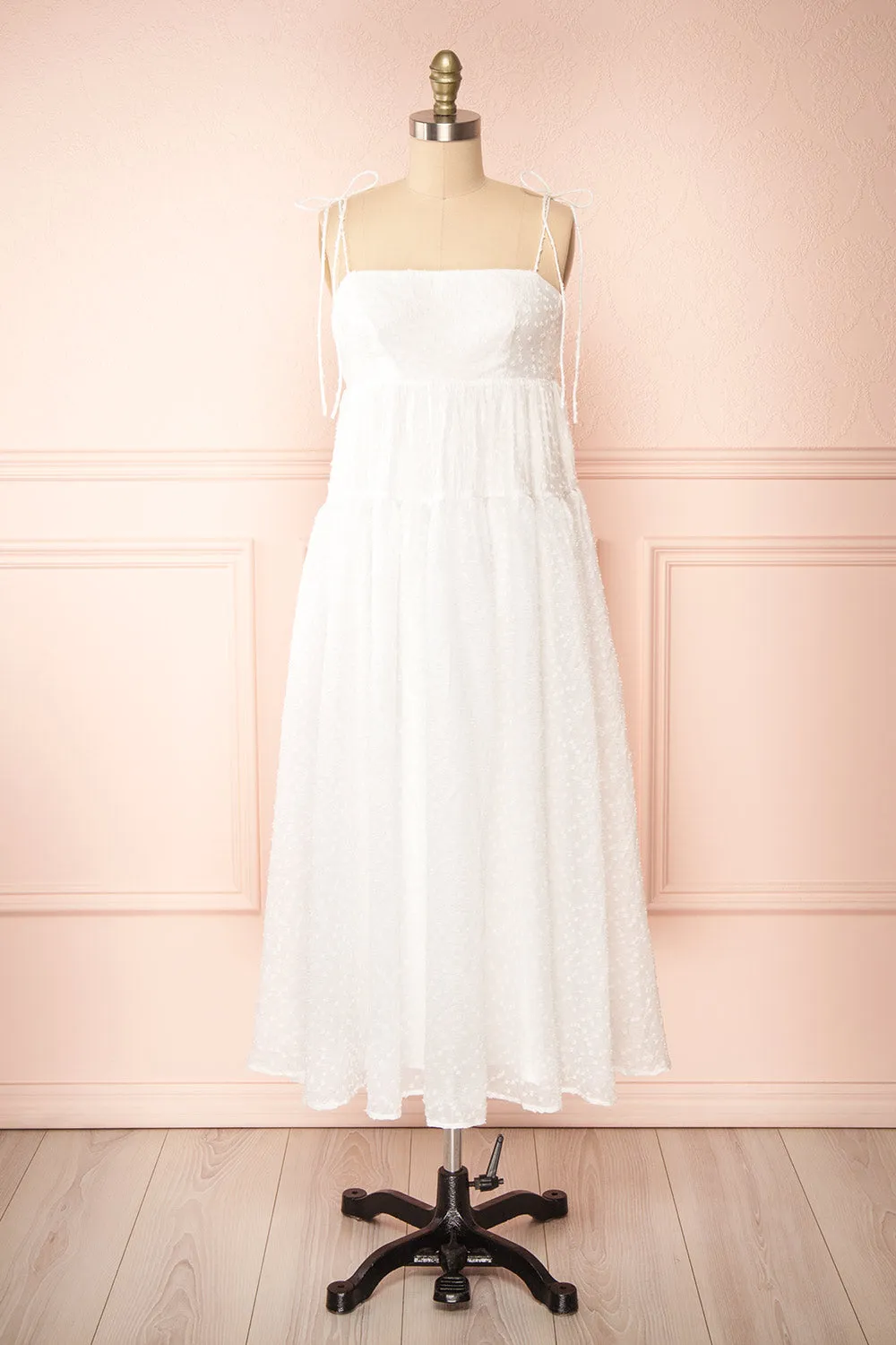 Esmeira | White Tiered Polka Dot Midi Dress with Empire Waist sold by Boutique 1861