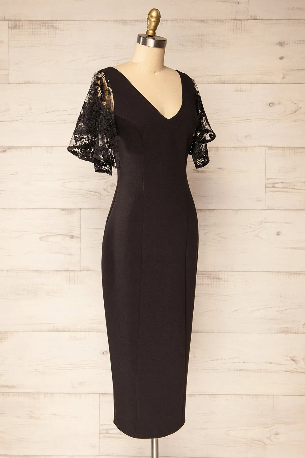 Myrania Black | Fitted Midi Dress with Embroidered Sleeves and Slit by Arti Gogna sold by Boutique 1861 product image thumbnail 3