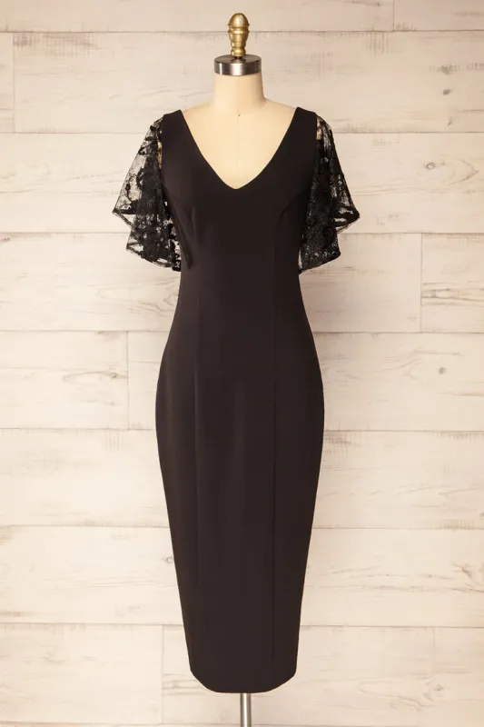 Myrania Black | Fitted Midi Dress w/ Embroidered Sleeves sold by Boutique 1861