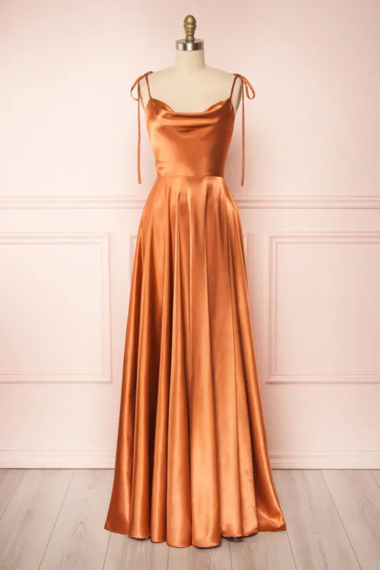 Moira Rust | Cowl Neck Satin Maxi Dress with High Slit sold by Boutique 1861