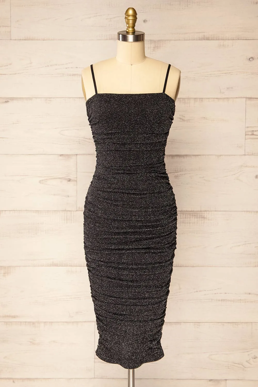 Baku Black | Fitted Ruched Sparkly Midi Dress sold by Boutique 1861