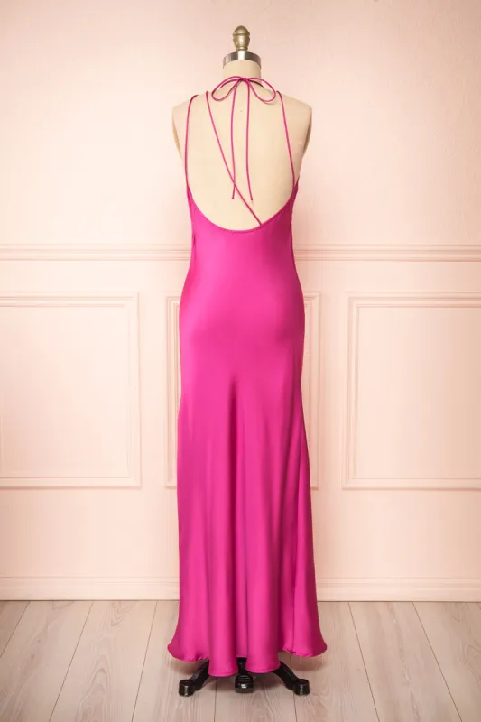 Nairobi Fuchsia | Satin Maxi Dress w/ Open Back sold by Boutique 1861