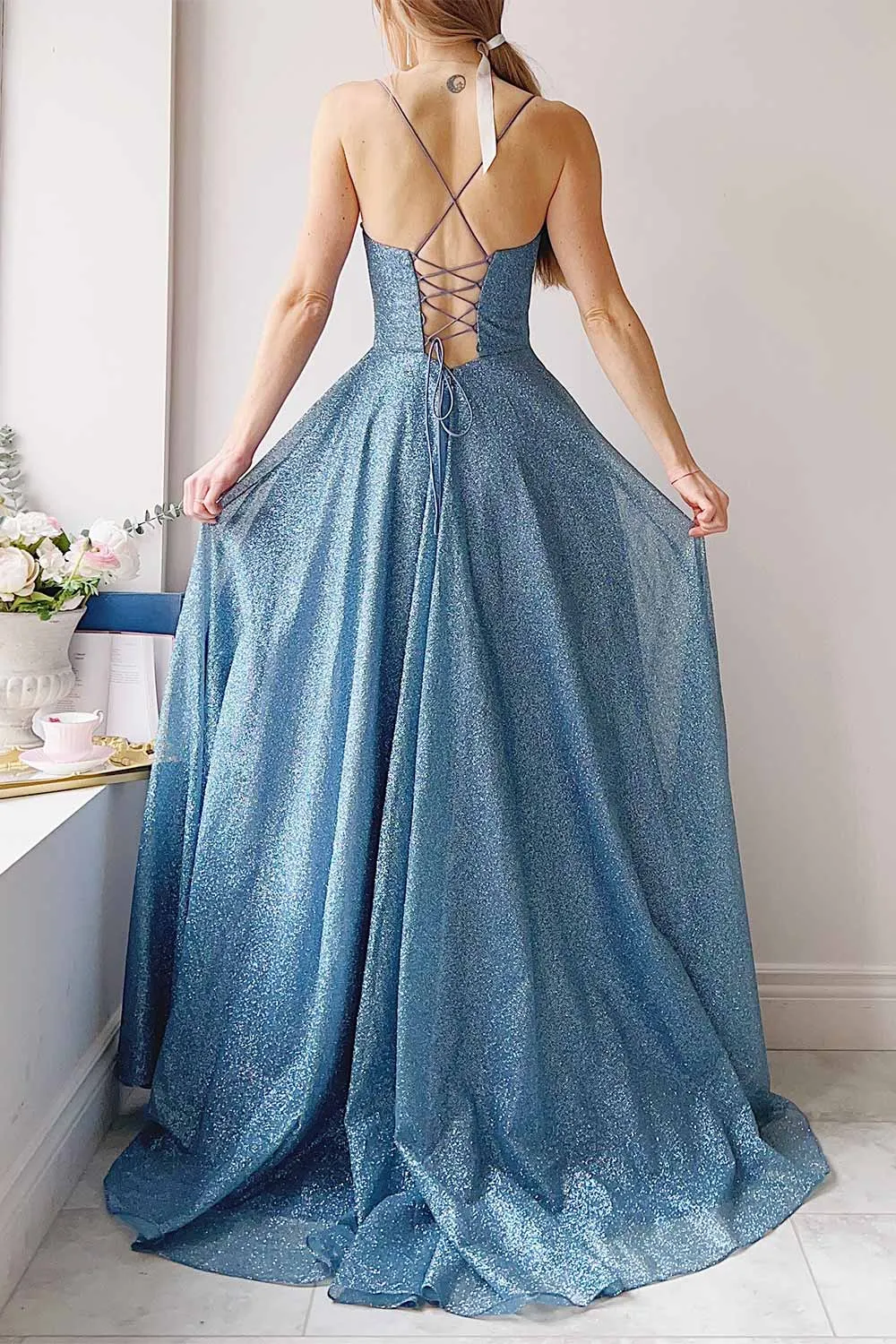 Lexy Blue Grey | Sparkly Cowl Neck Maxi Dress sold by Boutique 1861 product image thumbnail 3
