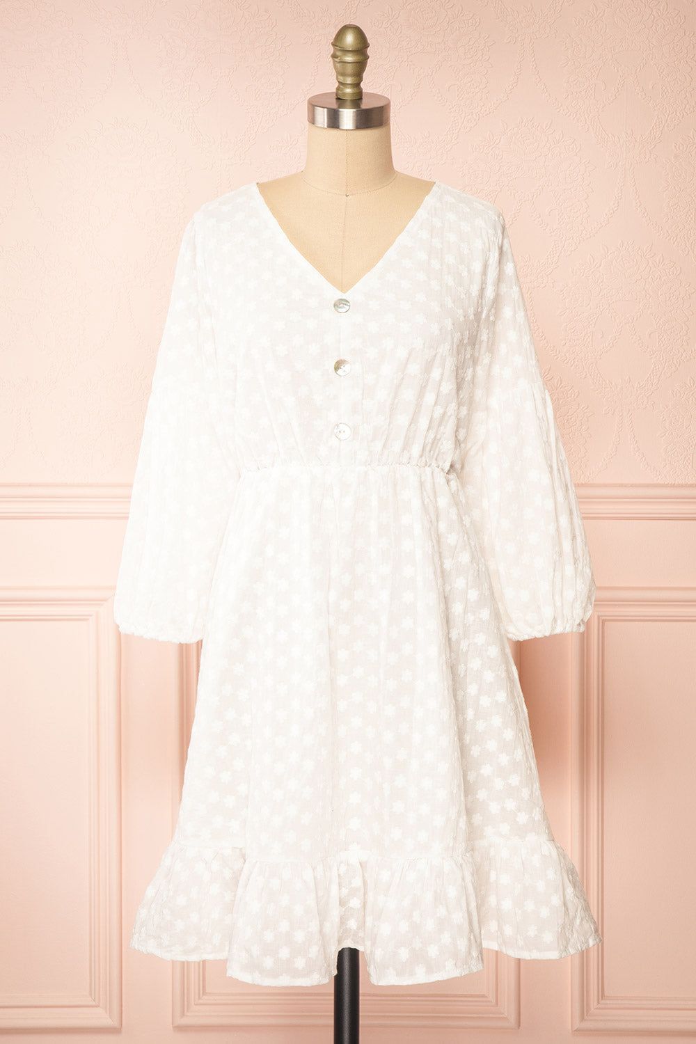 Meeshell | White Babydoll Dress w/ Floral Embroidery sold by Boutique 1861