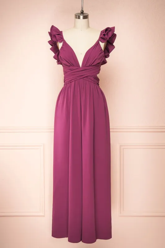 Saffira | Dark Purple Jumpsuit w/ Ruffled Straps sold by Boutique 1861