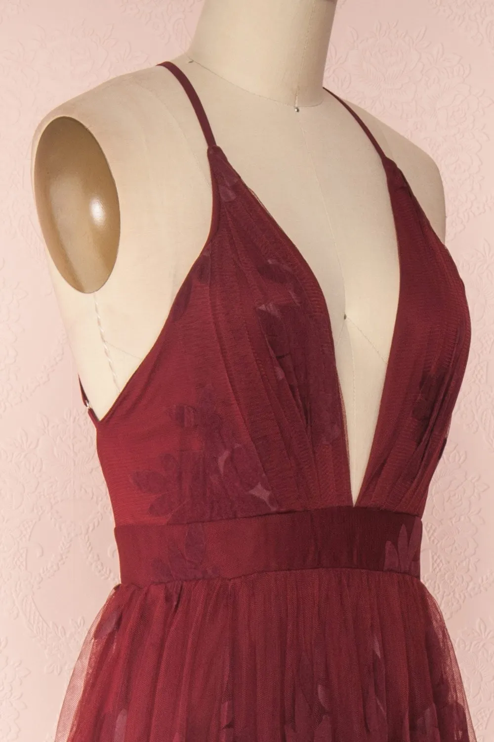 Kailania Burgundy | Floral Mesh Deep V-Neck Maxi Dress sold by Boutique 1861 product image thumbnail 5