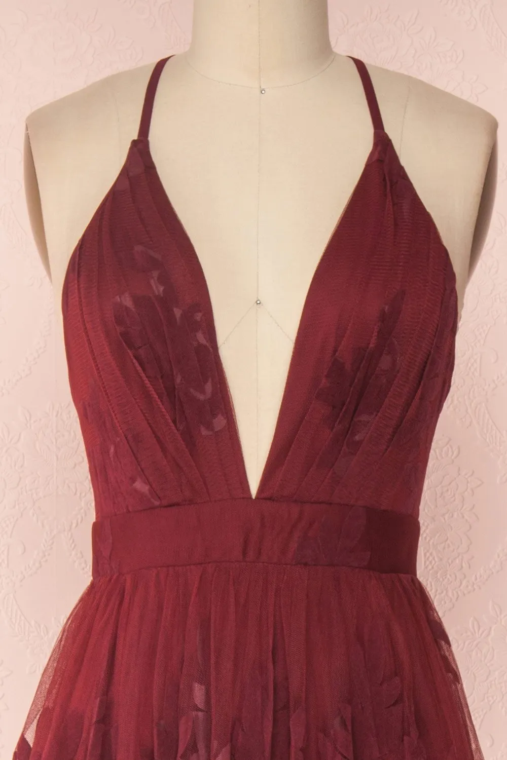 Kailania Burgundy | Floral Mesh Deep V-Neck Maxi Dress sold by Boutique 1861 product image thumbnail 3