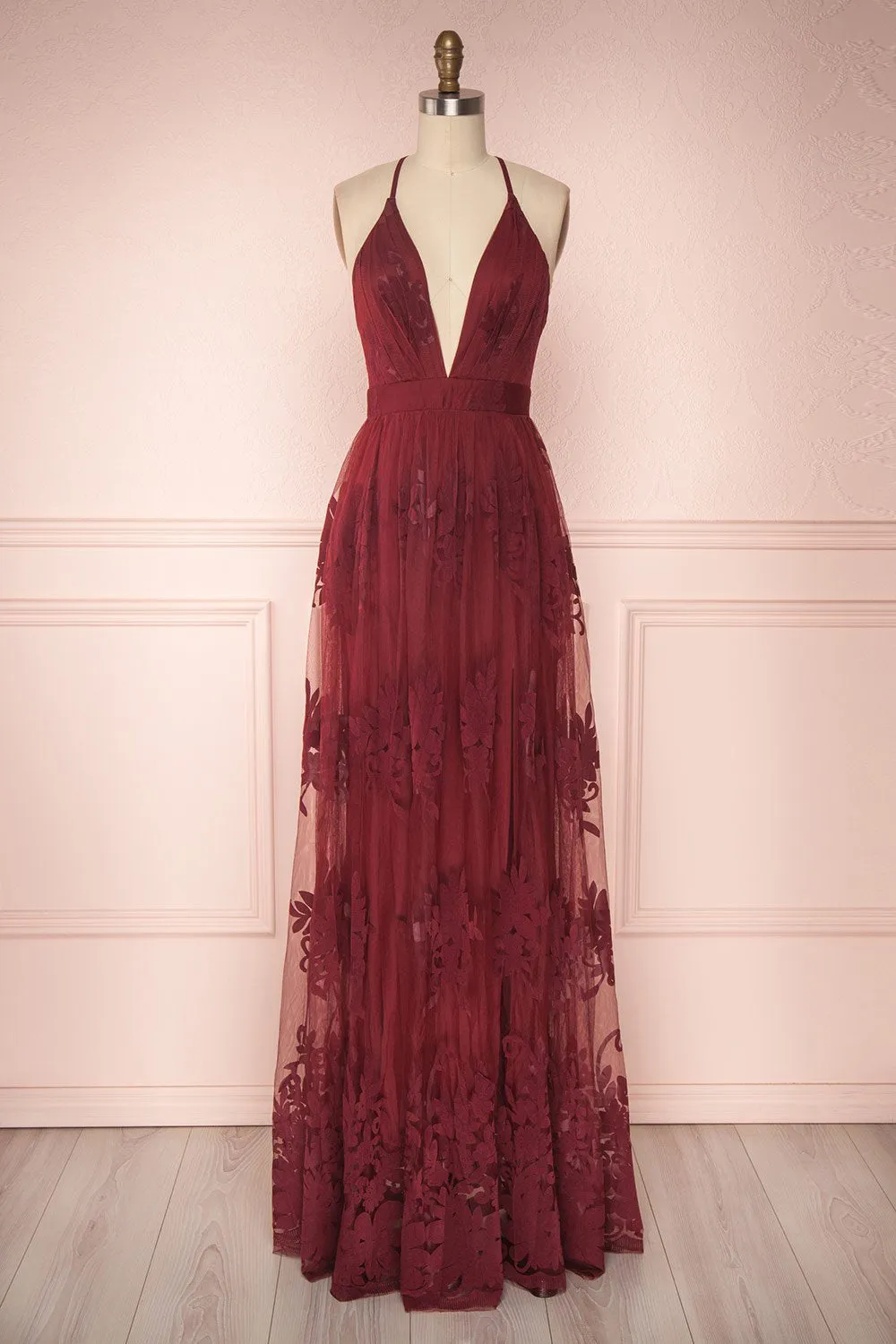 Kailania Burgundy | Floral Mesh Deep V-Neck Maxi Dress sold by Boutique 1861