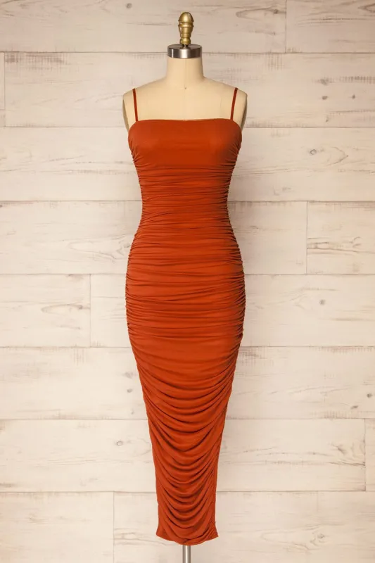Yurtof Rust | Fitted Ruched Midi Dress sold by Boutique 1861