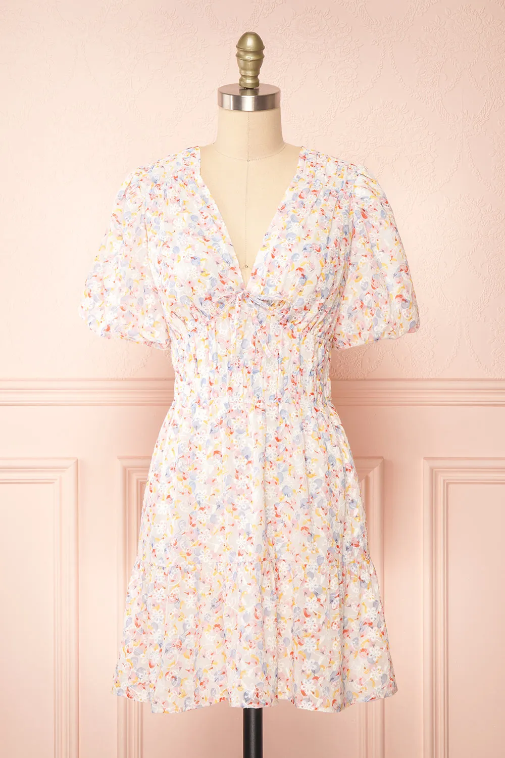 Kinnia | Short Floral Dress w/ Ruched Waist sold by Boutique 1861