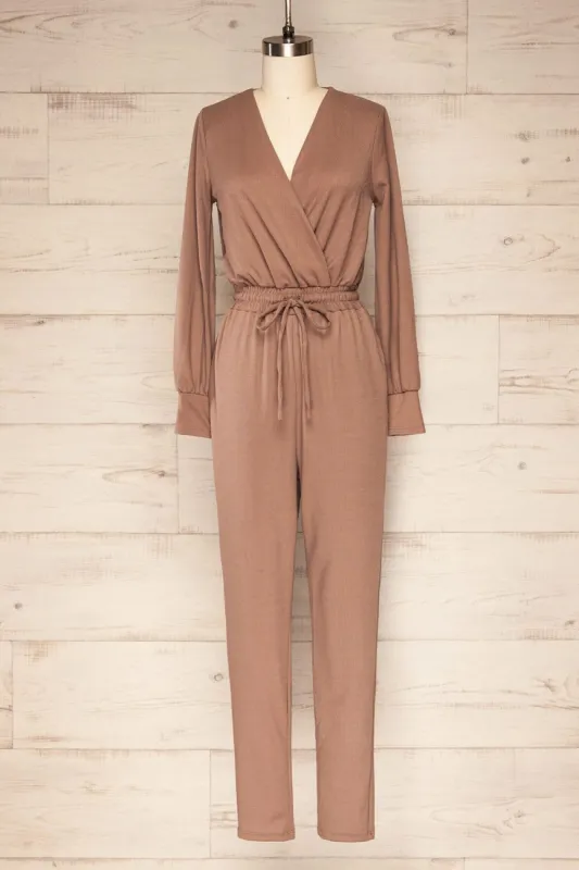Gouveia Mocha | Long Sleeve V-Neck Straight Leg Jumpsuit sold by Boutique 1861