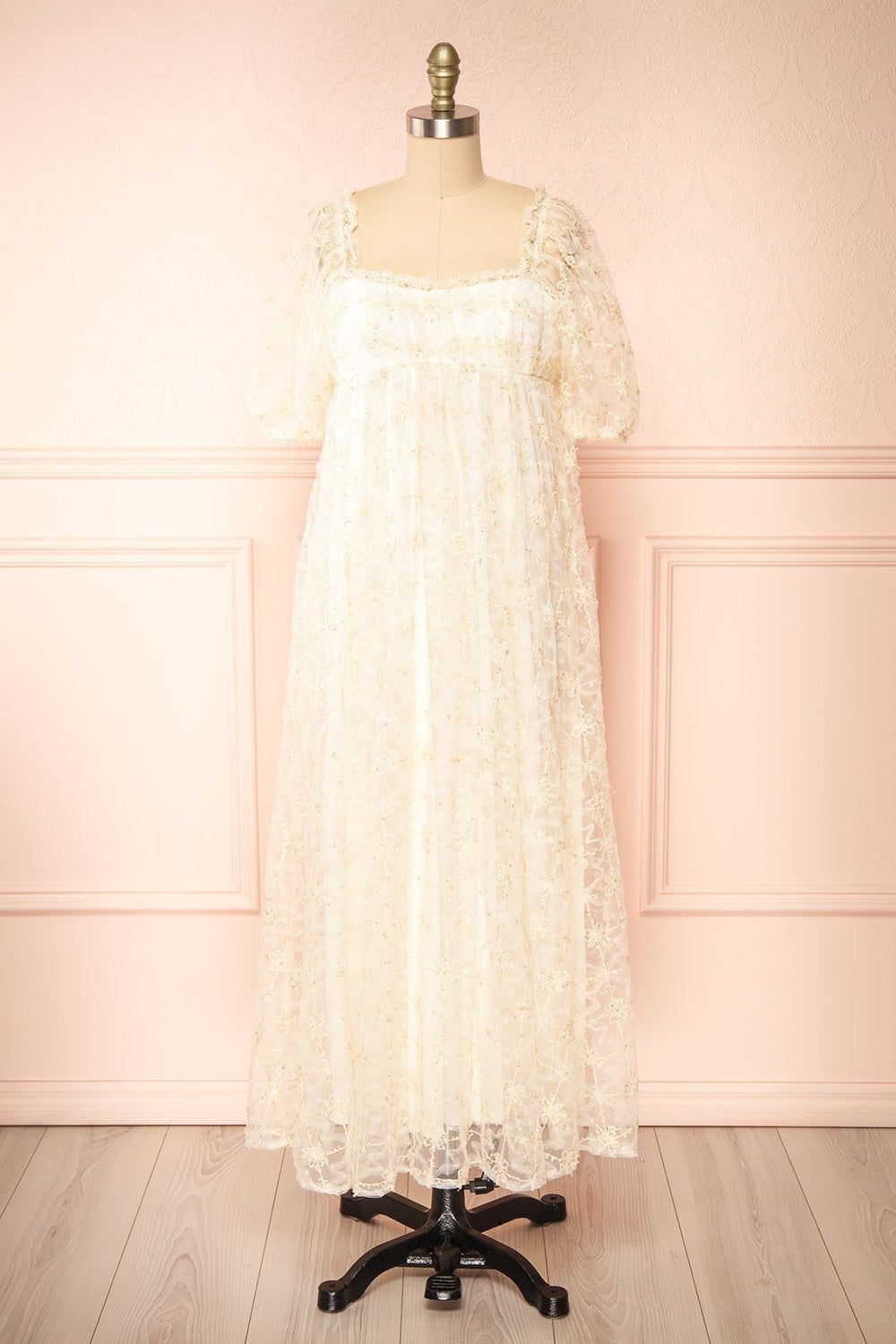 Bambina | Empire Waist Short Sleeve Maxi Dress with Embroidered Tulle sold by Boutique 1861