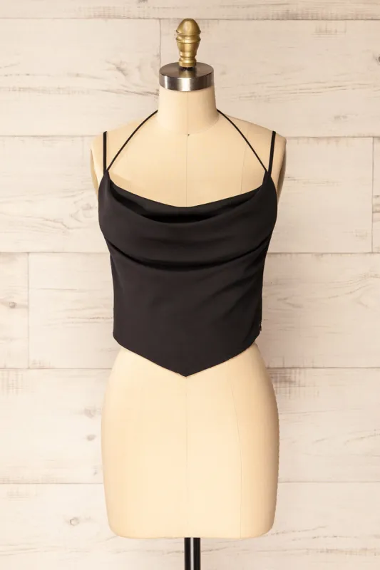 Beziers Black | Cowl Neck Cropped Satin Top sold by Boutique 1861