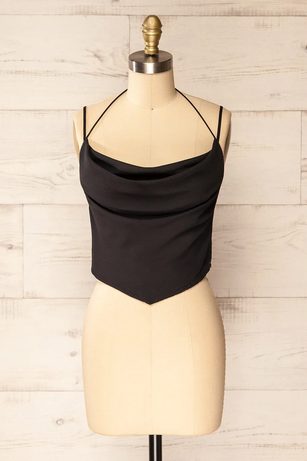 Beziers Black | Cowl Neck Cropped Satin Top sold by Boutique 1861