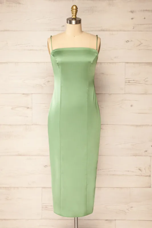 Korina Sage | Fitted Satin Midi Dress sold by Boutique 1861