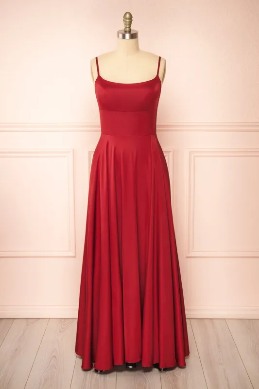 Darcy Burgundy | Maxi Satin Dress w/ Slit sold by Boutique 1861
