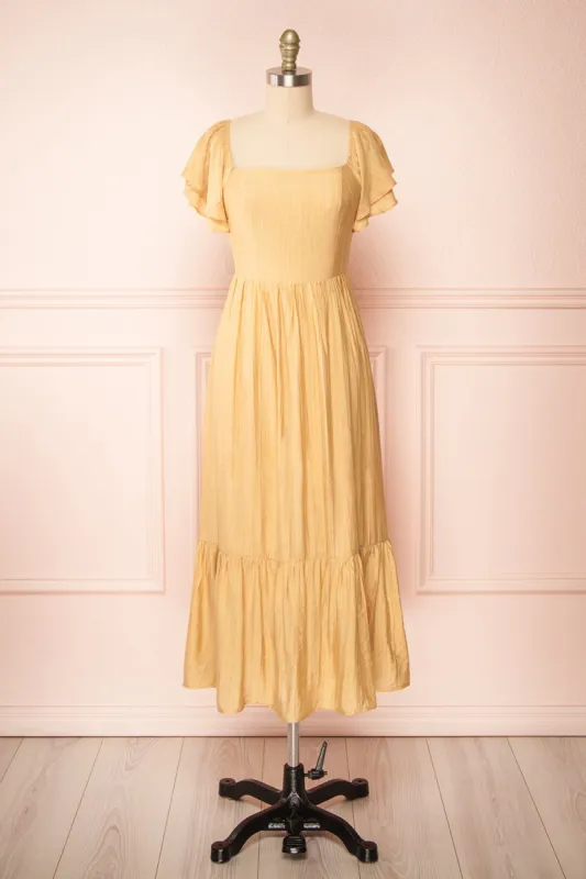 Myrtille Beige | Midi Dress w/ Ruffled Sleeves sold by Boutique 1861