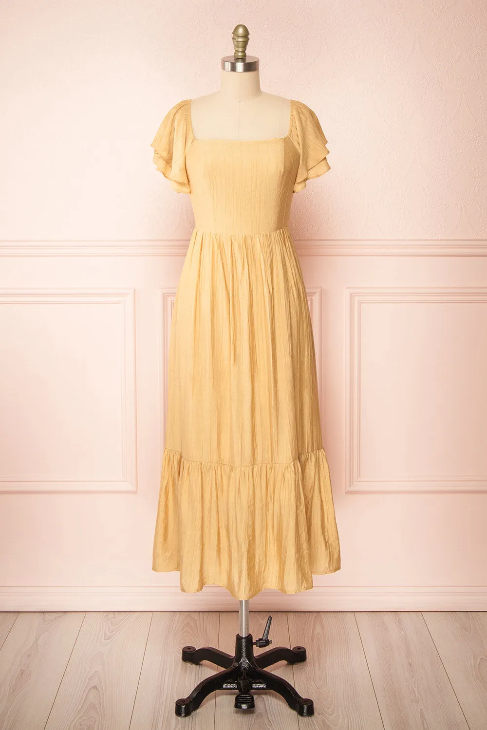 Myrtille Beige | Midi Dress w/ Ruffled Sleeves sold by Boutique 1861
