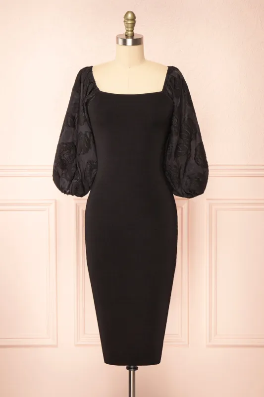Calixta | Black Midi Dress w/ Textured Sleeves sold by Boutique 1861