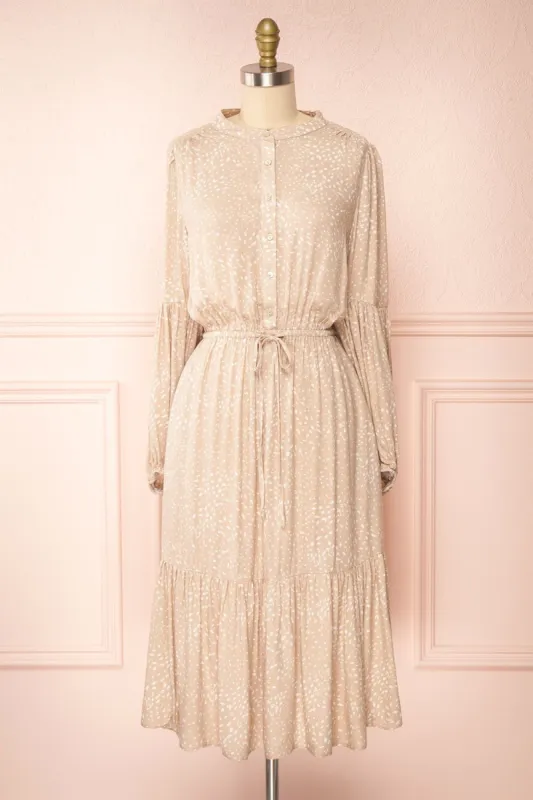 Evelyn Beige | Long Sleeve Patterned Midi Dress w/ Cord sold by Boutique 1861