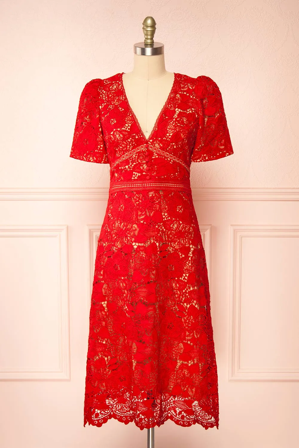 Elviana | Red Crocheted Lace Midi Dress sold by Boutique 1861
