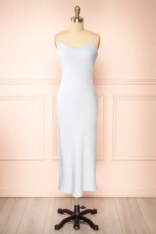 Rebby Blue | Silky Fitted Midi Dress sold by Boutique 1861
