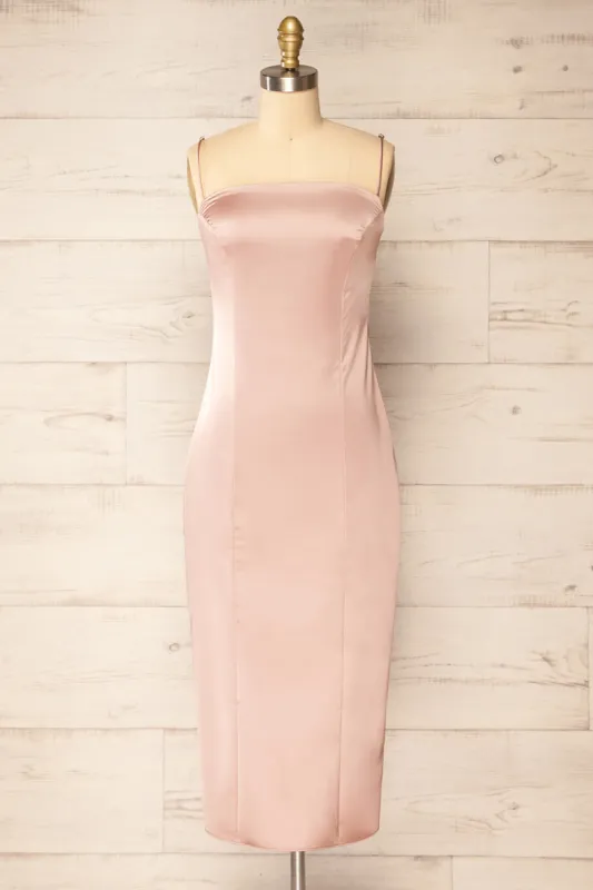 Korina Pink | Fitted Satin Midi Dress sold by Boutique 1861