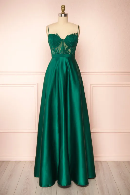 Geraldine | Emerald Lace Bustier Maxi Dress sold by Boutique 1861
