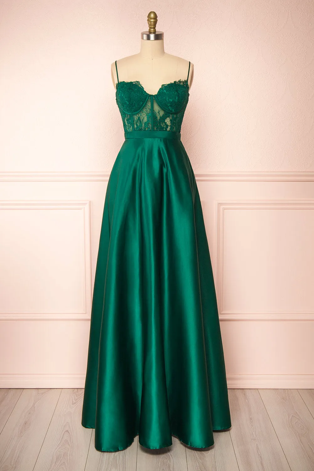 Geraldine | Emerald Lace Bustier Maxi Dress sold by Boutique 1861