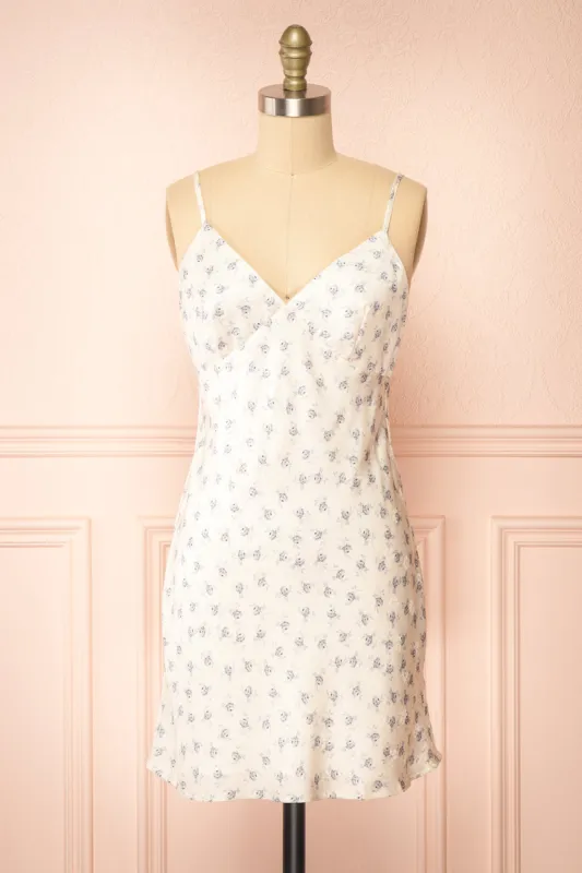 Brylee | Short Floral Ivory Satin Midi Dress sold by Boutique 1861