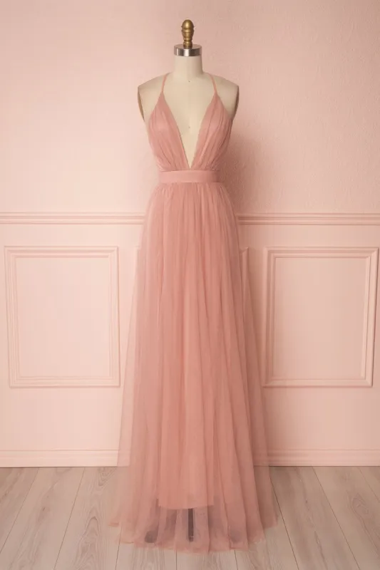 Aliki Blush | Plunging Neckline Mesh Maxi Dress sold by Boutique 1861