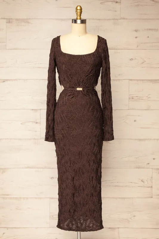 Hawkesbury | Brown Long Sleeve Fitted Midi Dress w/ Cut-Outs sold by Boutique 1861