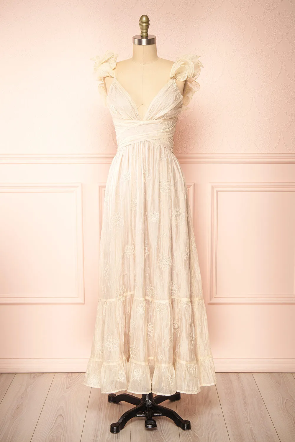 Isandra | Long Embroidered Beige Dress w/ Ruffled Straps sold by Boutique 1861
