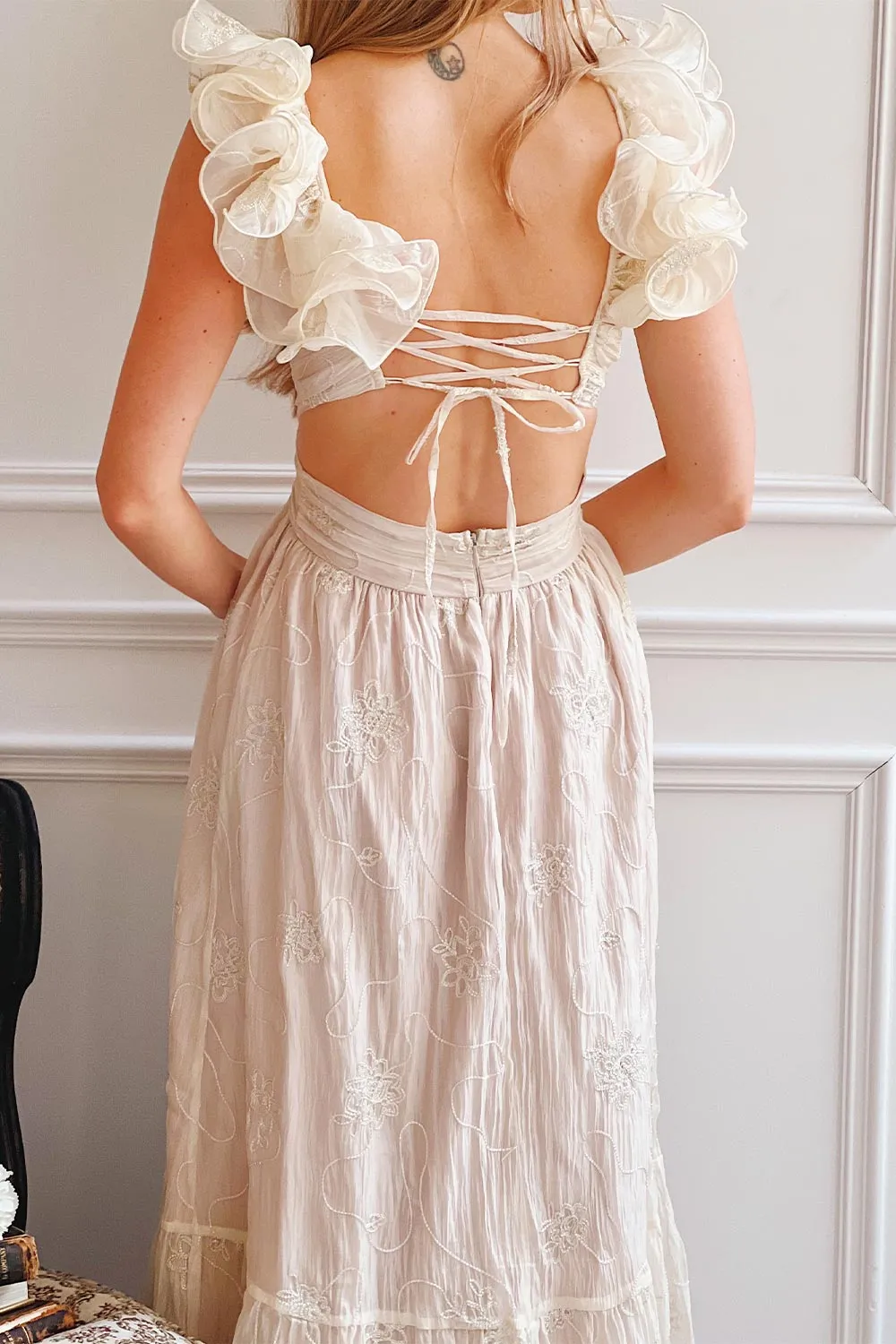 Isandra | Long Embroidered Beige Dress w/ Ruffled Straps sold by Boutique 1861 product image thumbnail 2